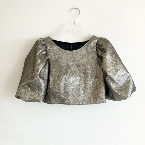 Zara Trafaluc Small Puff Sleeve Crop Top Blouse Metallic Pewter Silver Textured - Picture 1 of 6